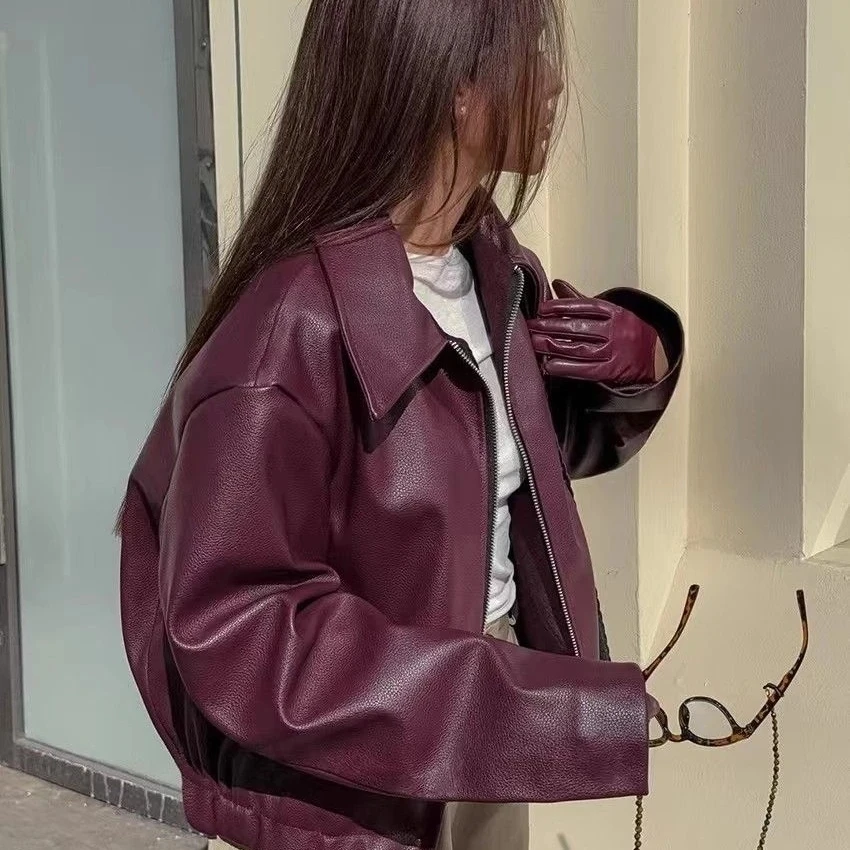 Autumn Winter Retro Leather Jacket 2025 New Women Pu Leather Jacket Short Lapel Motorcycle Loose Coat Women Biker Leather Coat