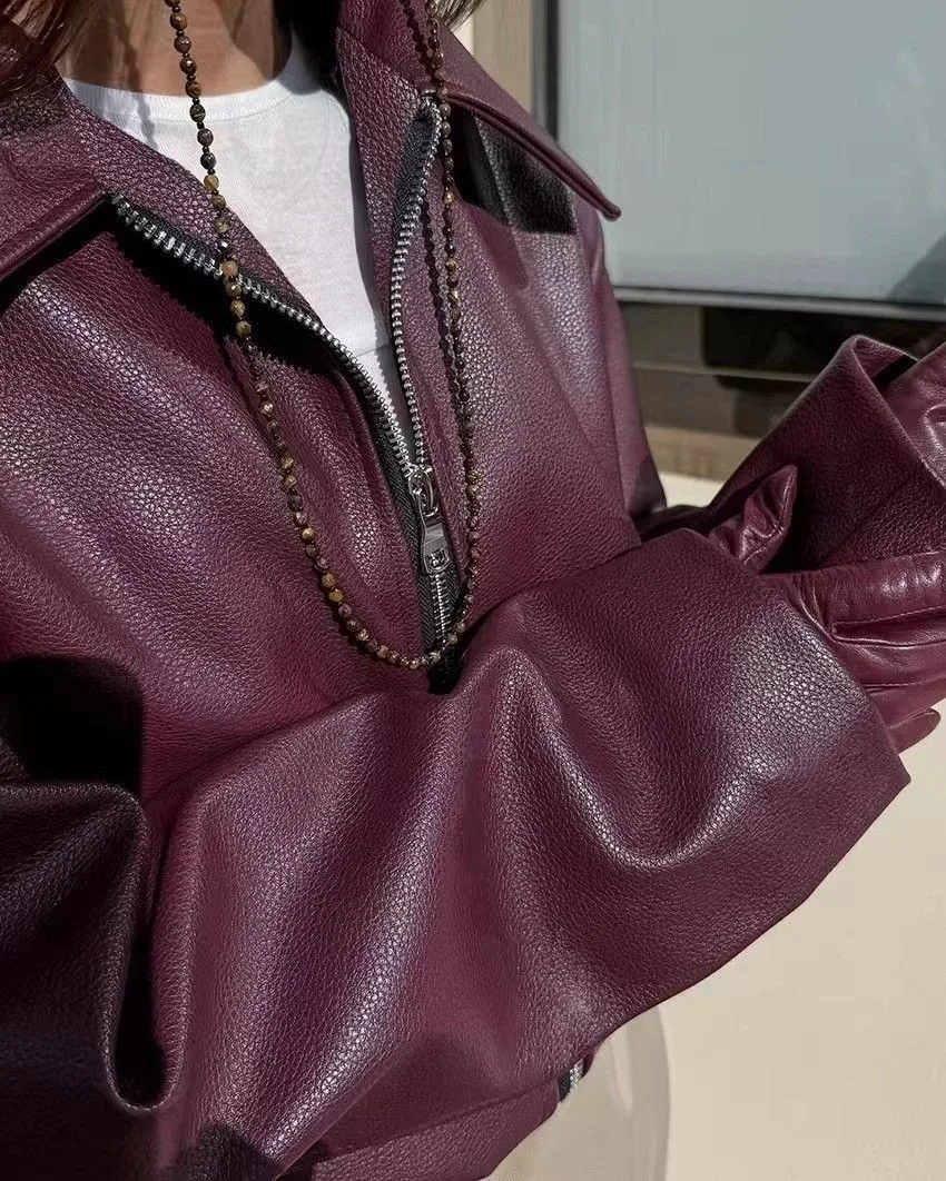 Autumn Winter Retro Leather Jacket 2025 New Women Pu Leather Jacket Short Lapel Motorcycle Loose Coat Women Biker Leather Coat