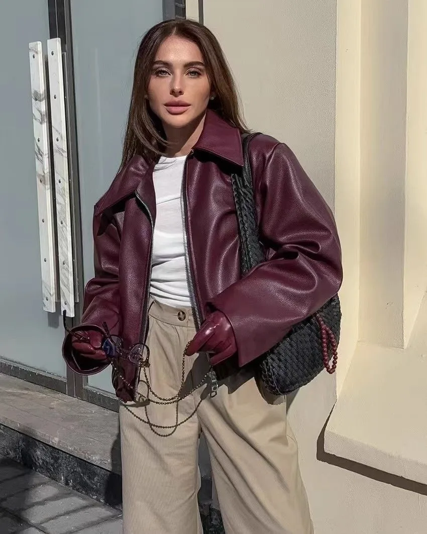 Autumn Winter Retro Leather Jacket 2025 New Women Pu Leather Jacket Short Lapel Motorcycle Loose Coat Women Biker Leather Coat