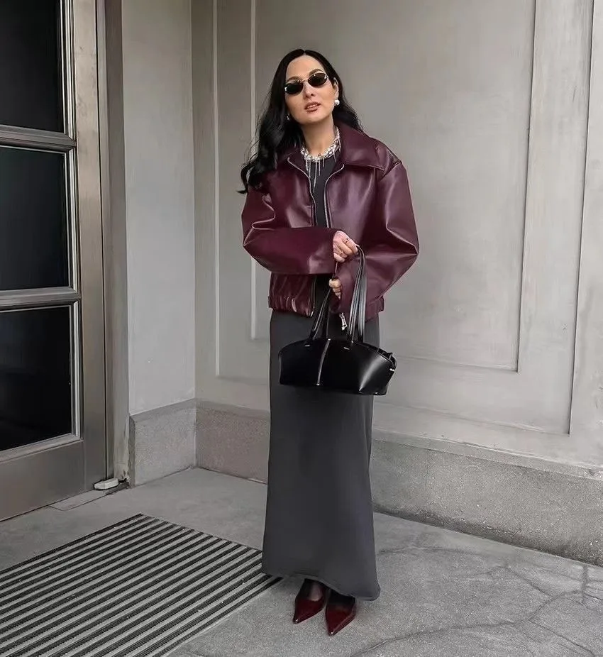 Autumn Winter Retro Leather Jacket 2025 New Women Pu Leather Jacket Short Lapel Motorcycle Loose Coat Women Biker Leather Coat