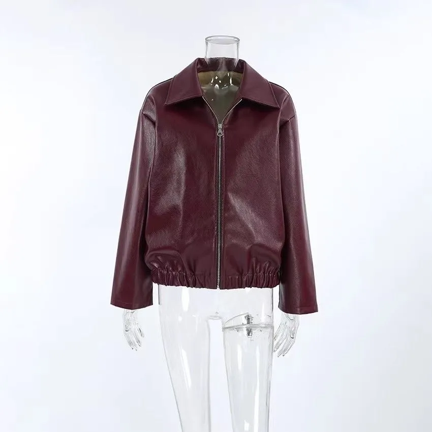 Autumn Winter Retro Leather Jacket 2025 New Women Pu Leather Jacket Short Lapel Motorcycle Loose Coat Women Biker Leather Coat