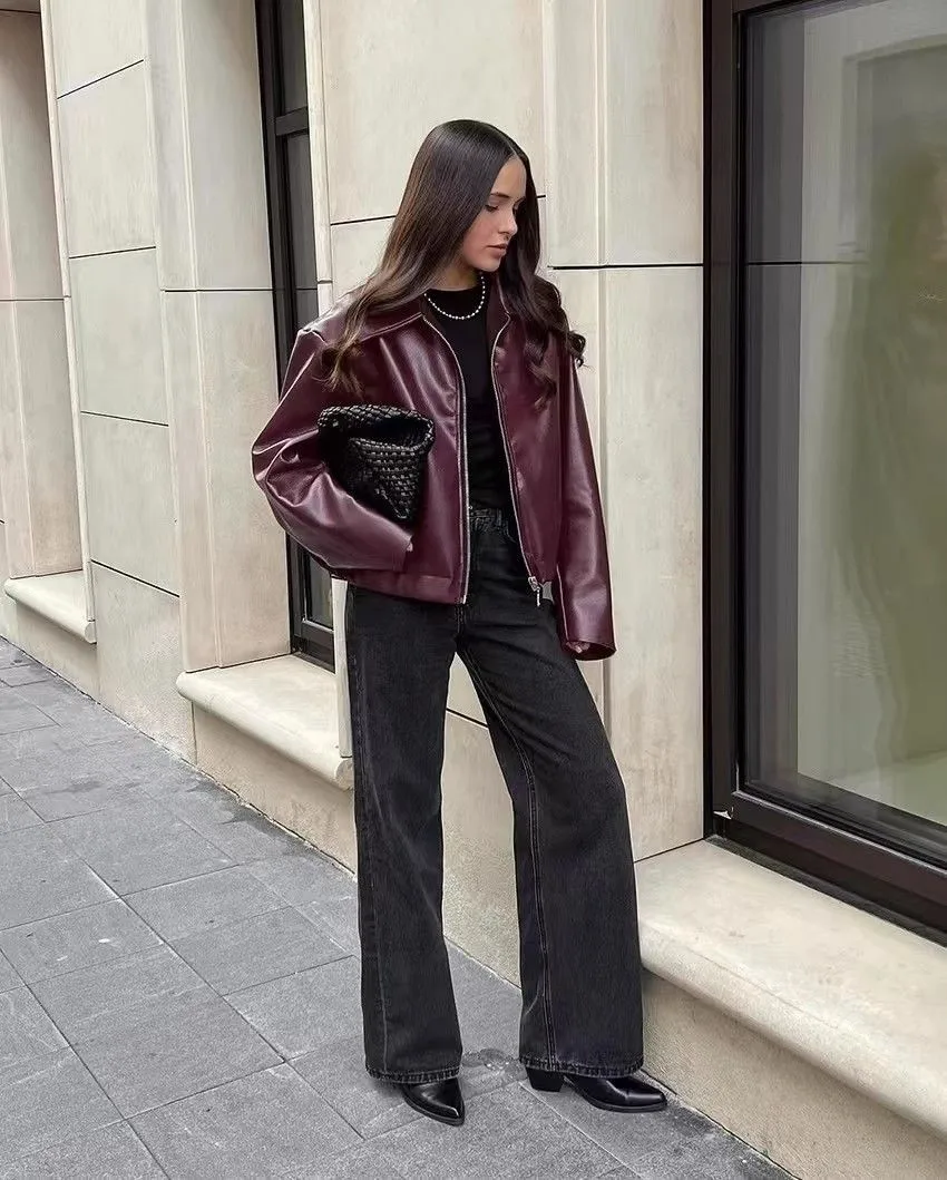 Autumn Winter Retro Leather Jacket 2025 New Women Pu Leather Jacket Short Lapel Motorcycle Loose Coat Women Biker Leather Coat