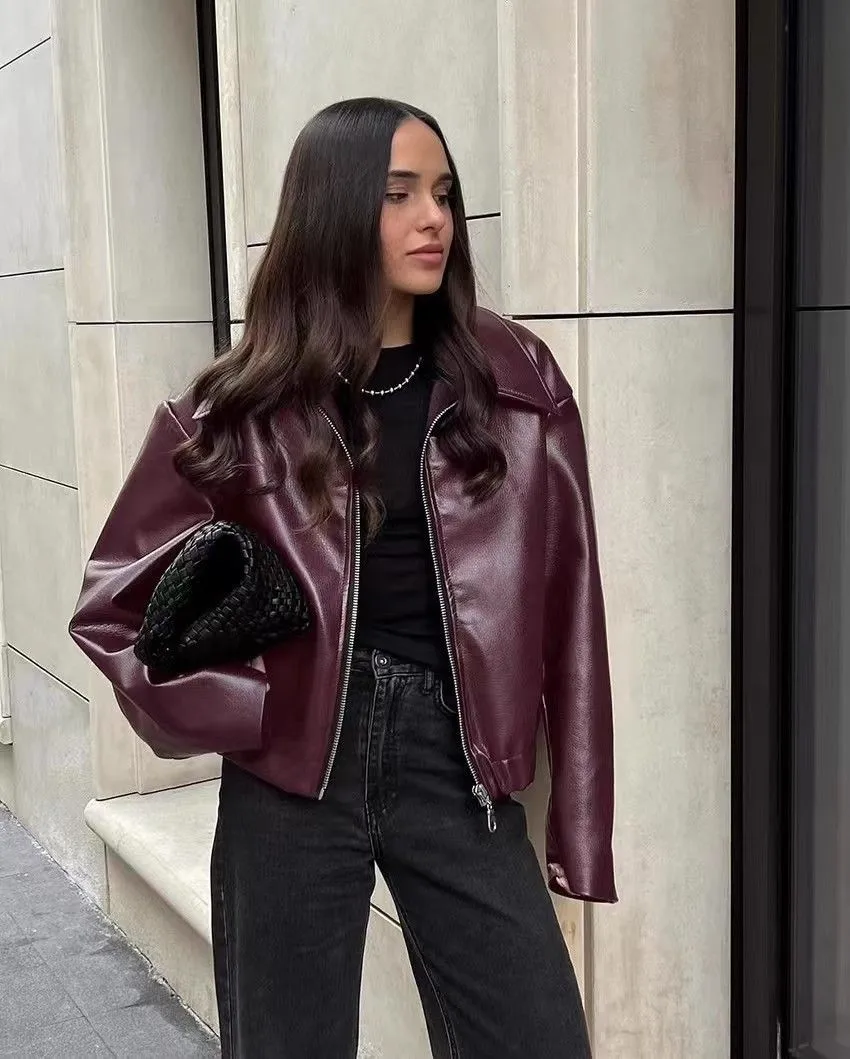Autumn Winter Retro Leather Jacket 2025 New Women Pu Leather Jacket Short Lapel Motorcycle Loose Coat Women Biker Leather Coat