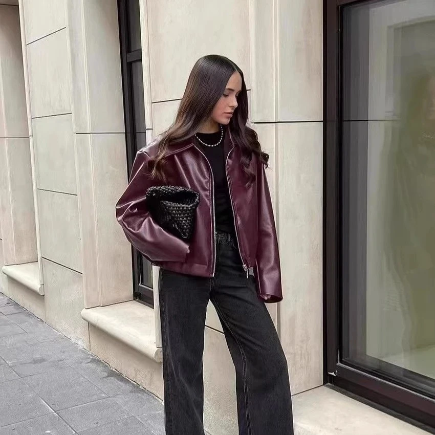 Autumn Winter Retro Leather Jacket 2025 New Women Pu Leather Jacket Short Lapel Motorcycle Loose Coat Women Biker Leather Coat
