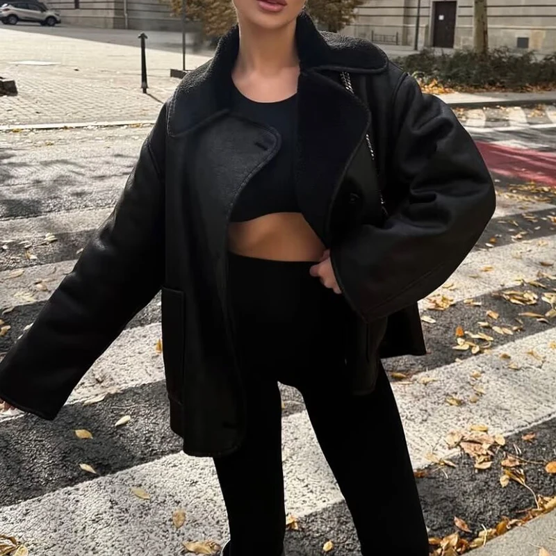 Winter Women's Black Faux Leather Jacket Warm Streetwear Outwear Solid Elegant Warmth 2026 PU Coat for Ladies Jackets Coat Tops