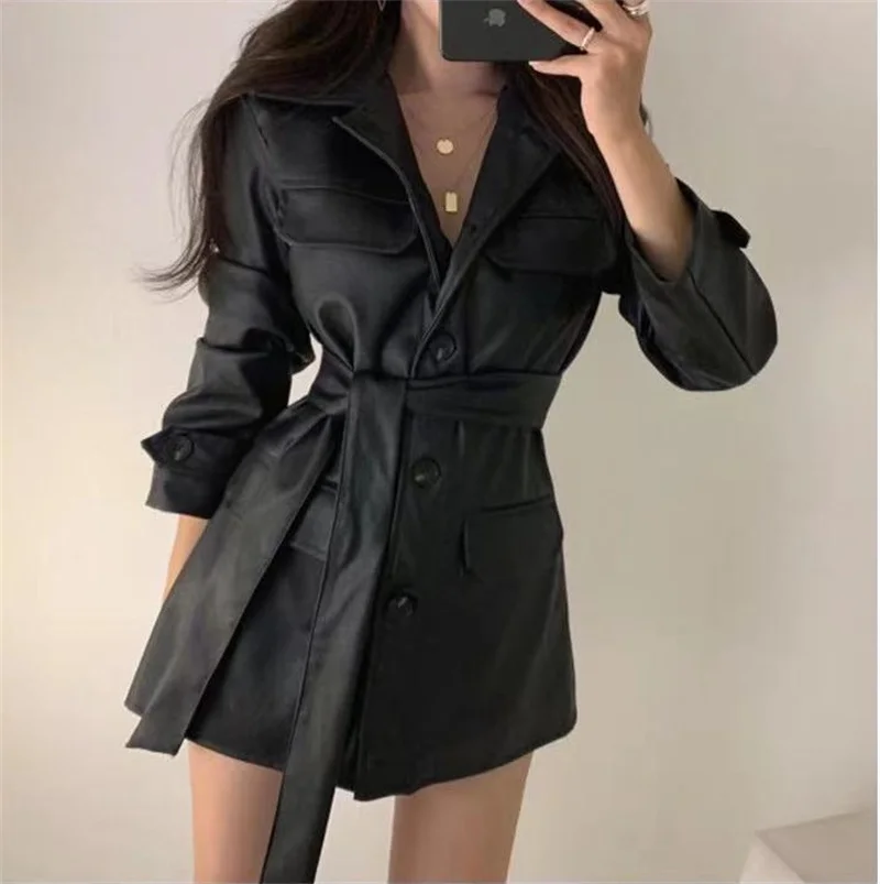 Autumn PU Leather Lady Outwear Korean Fashion Leather Female Jacket Medium Long Styles Faux Leather Women Tops