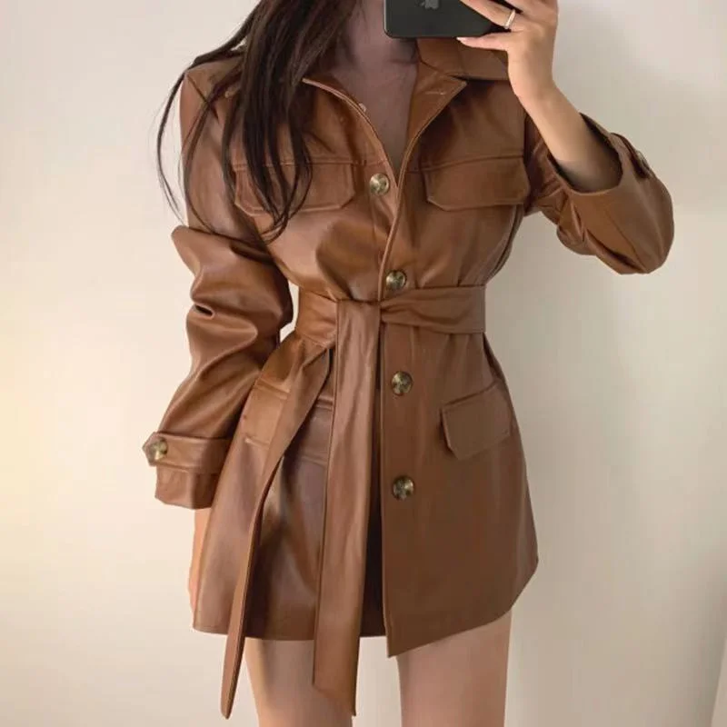 Autumn PU Leather Lady Outwear Korean Fashion Leather Female Jacket Medium Long Styles Faux Leather Women Tops