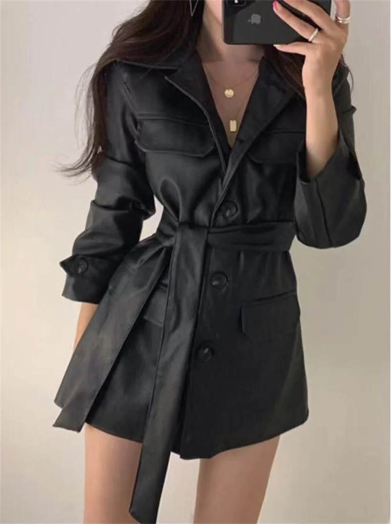 Autumn PU Leather Lady Outwear Korean Fashion Leather Female Jacket Medium Long Styles Faux Leather Women Tops