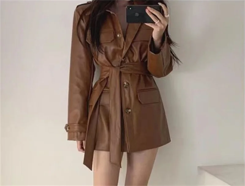 Autumn PU Leather Lady Outwear Korean Fashion Leather Female Jacket Medium Long Styles Faux Leather Women Tops