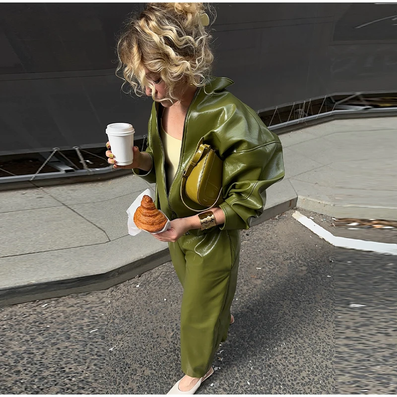 Vintage Green Leather Skirts Jackets Suit Women's Slim Zipper Coat With Pocket Split Skirt 2026 New Winter Autumn Ladies Outwear
