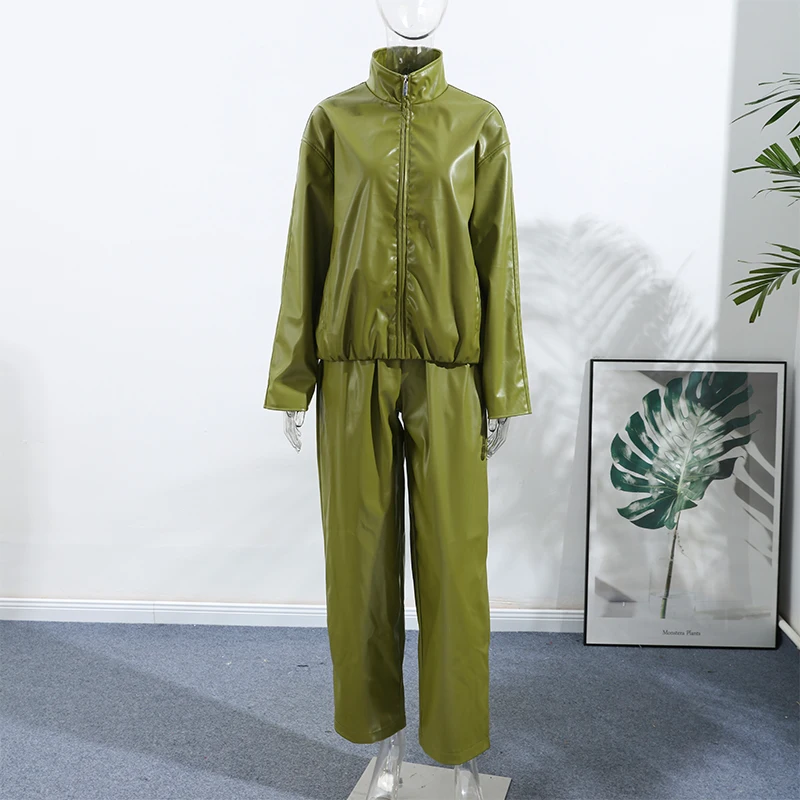 Vintage Green Leather Skirts Jackets Suit Women's Slim Zipper Coat With Pocket Split Skirt 2026 New Winter Autumn Ladies Outwear