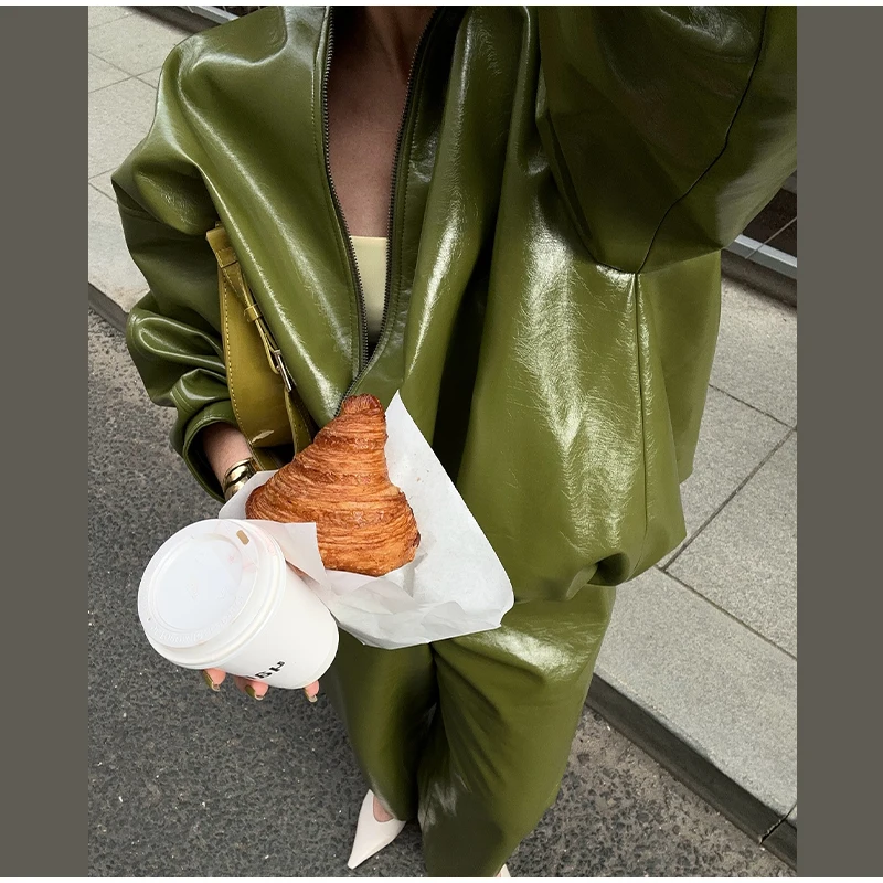 Vintage Green Leather Skirts Jackets Suit Women's Slim Zipper Coat With Pocket Split Skirt 2026 New Winter Autumn Ladies Outwear