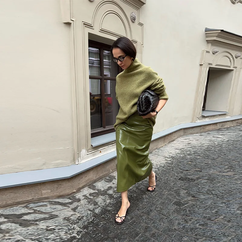 Vintage Green Leather Skirts Jackets Suit Women's Slim Zipper Coat With Pocket Split Skirt 2026 New Winter Autumn Ladies Outwear
