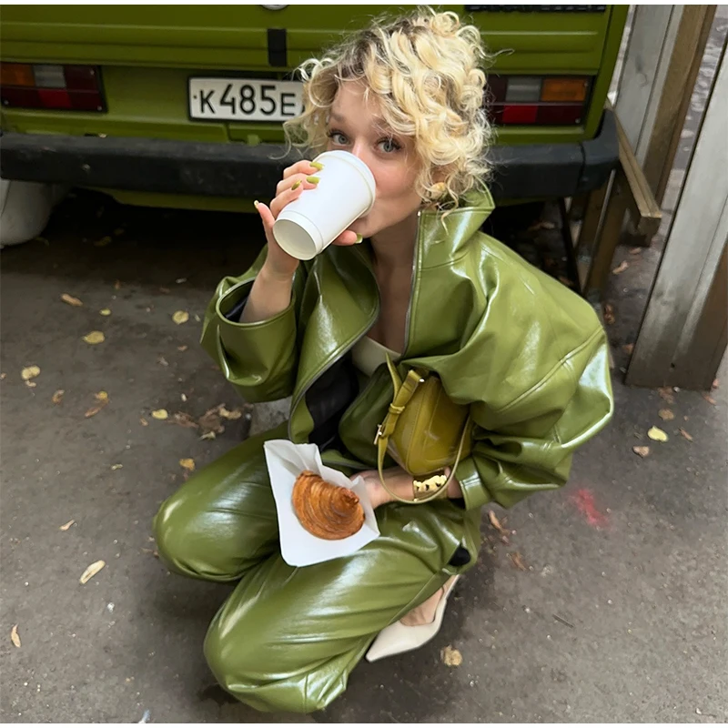 Vintage Green Leather Skirts Jackets Suit Women's Slim Zipper Coat With Pocket Split Skirt 2026 New Winter Autumn Ladies Outwear