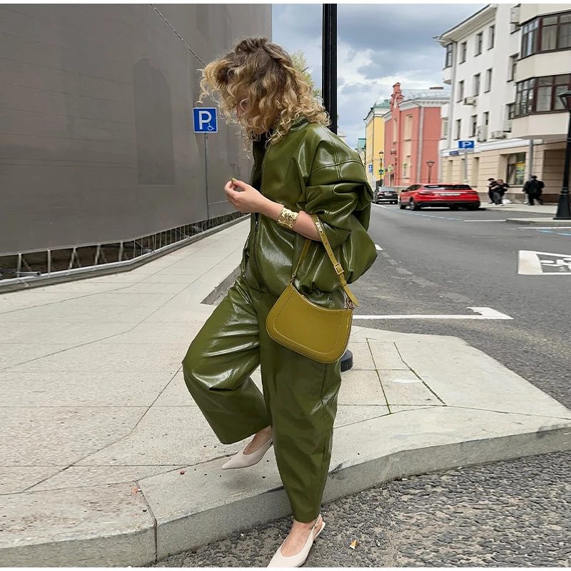 Vintage Green Leather Skirts Jackets Suit Women's Slim Zipper Coat With Pocket Split Skirt 2026 New Winter Autumn Ladies Outwear