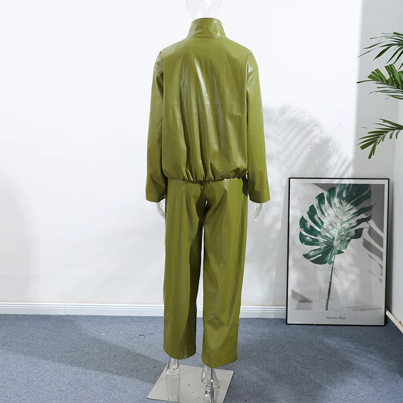 Vintage Green Leather Skirts Jackets Suit Women's Slim Zipper Coat With Pocket Split Skirt 2026 New Winter Autumn Ladies Outwear