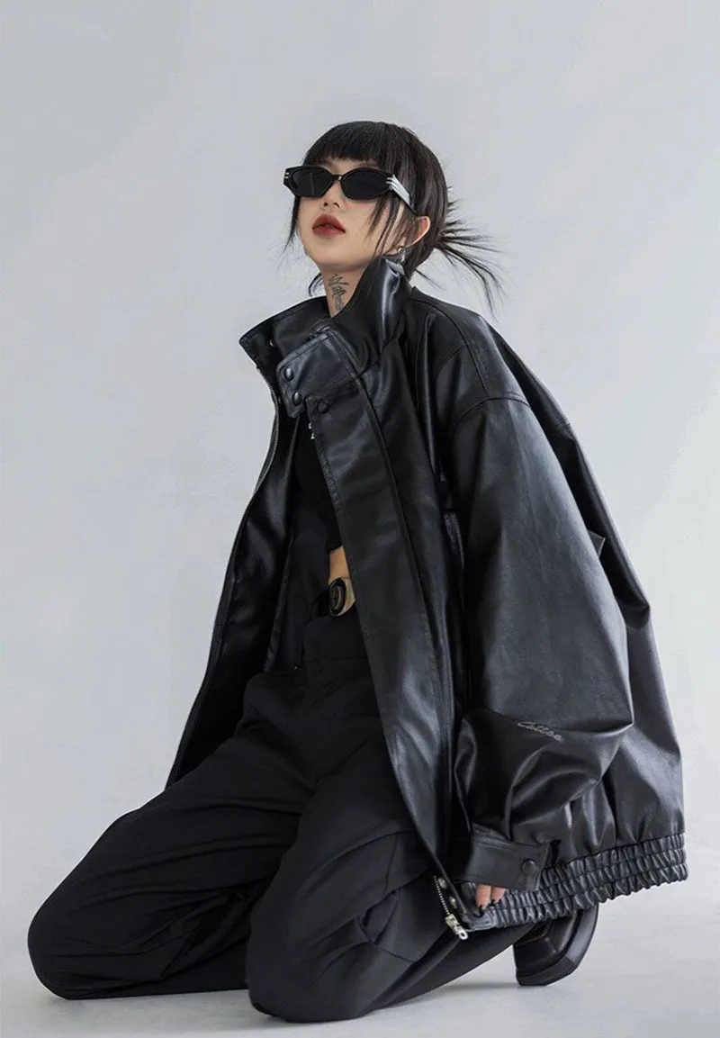 Harajuku Pu Jacket Women Turtleneck Fashion Faux Leather Long Sleeve Coat Heavy Metal Black Y2K Outerwear Female Tops