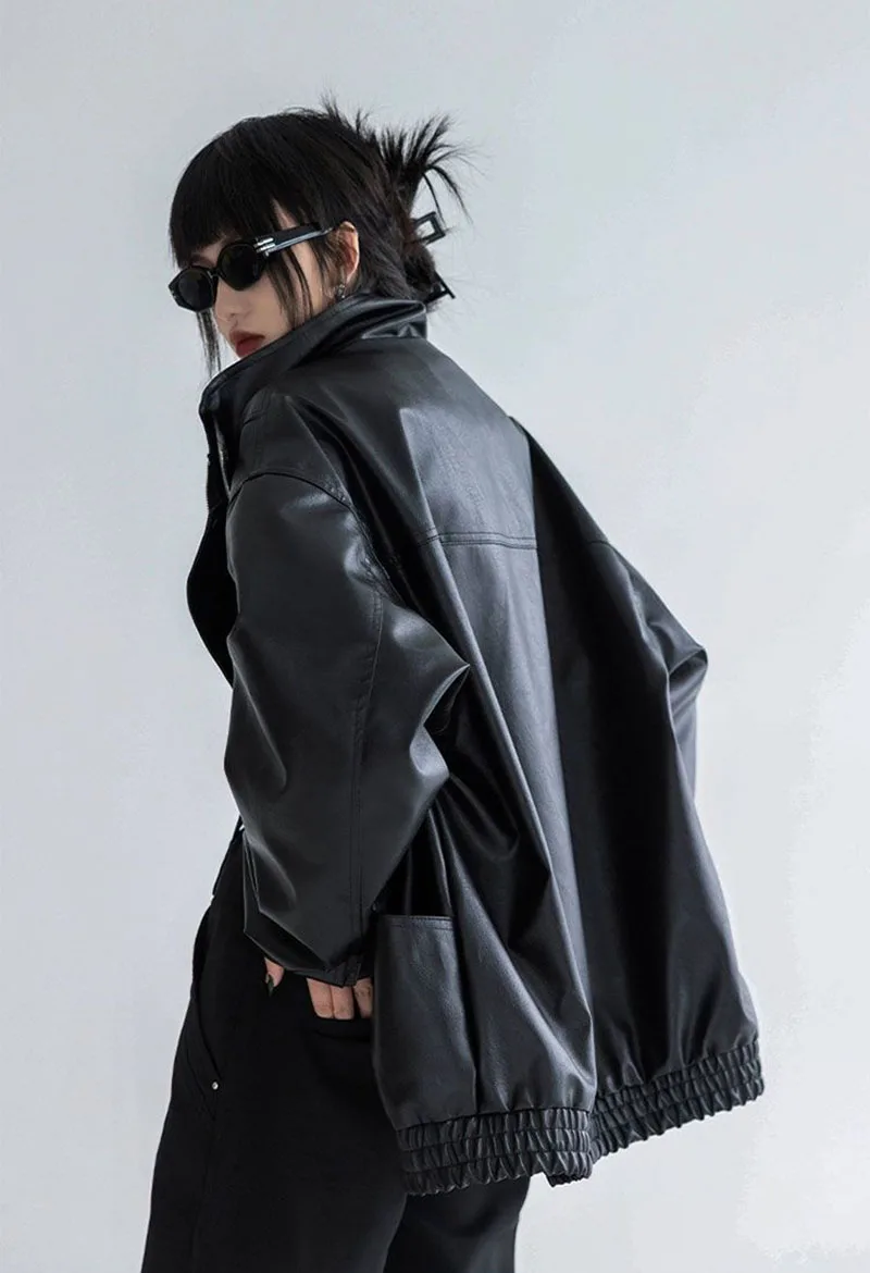 Harajuku Pu Jacket Women Turtleneck Fashion Faux Leather Long Sleeve Coat Heavy Metal Black Y2K Outerwear Female Tops