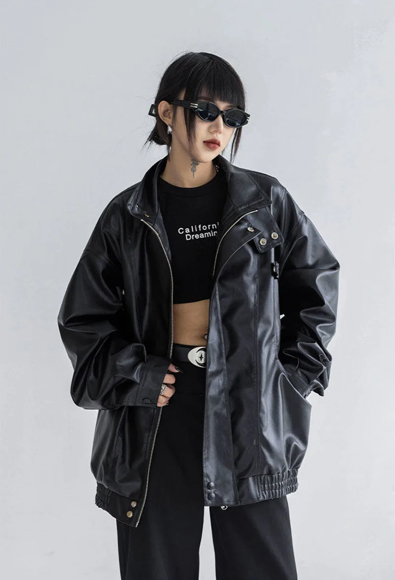 Harajuku Pu Jacket Women Turtleneck Fashion Faux Leather Long Sleeve Coat Heavy Metal Black Y2K Outerwear Female Tops