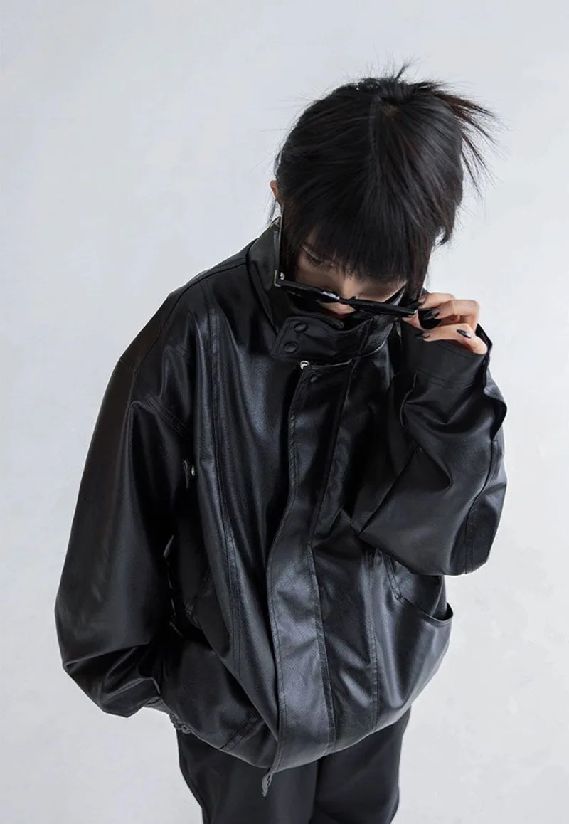 Harajuku Pu Jacket Women Turtleneck Fashion Faux Leather Long Sleeve Coat Heavy Metal Black Y2K Outerwear Female Tops