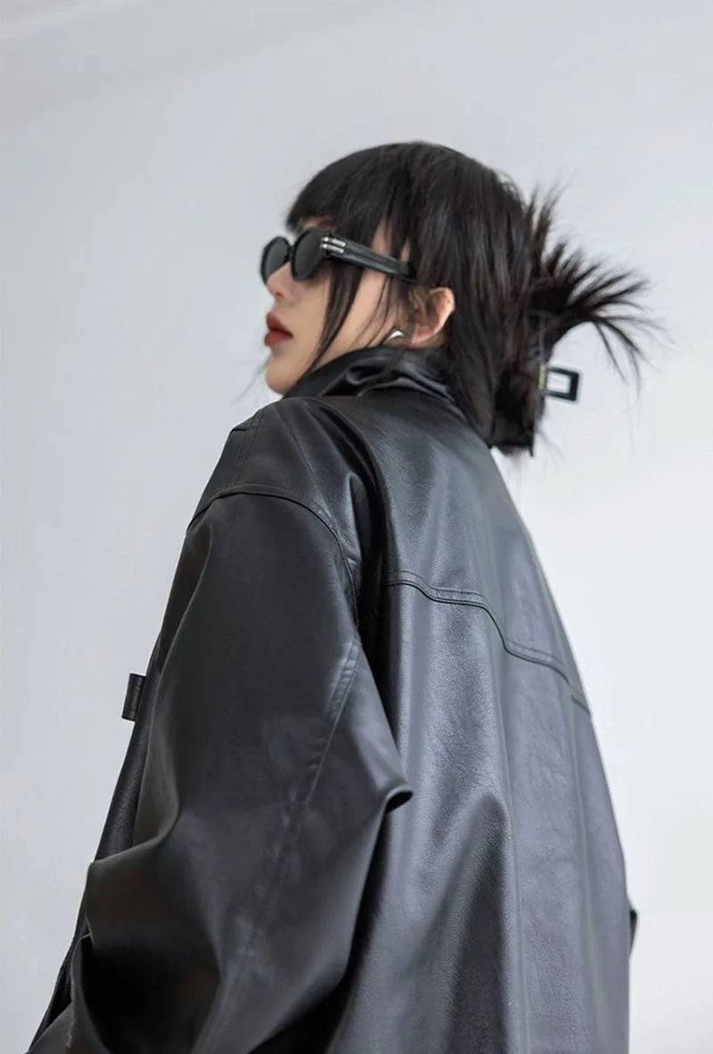Harajuku Pu Jacket Women Turtleneck Fashion Faux Leather Long Sleeve Coat Heavy Metal Black Y2K Outerwear Female Tops