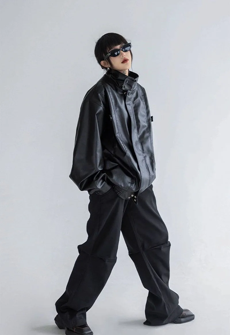 Harajuku Pu Jacket Women Turtleneck Fashion Faux Leather Long Sleeve Coat Heavy Metal Black Y2K Outerwear Female Tops