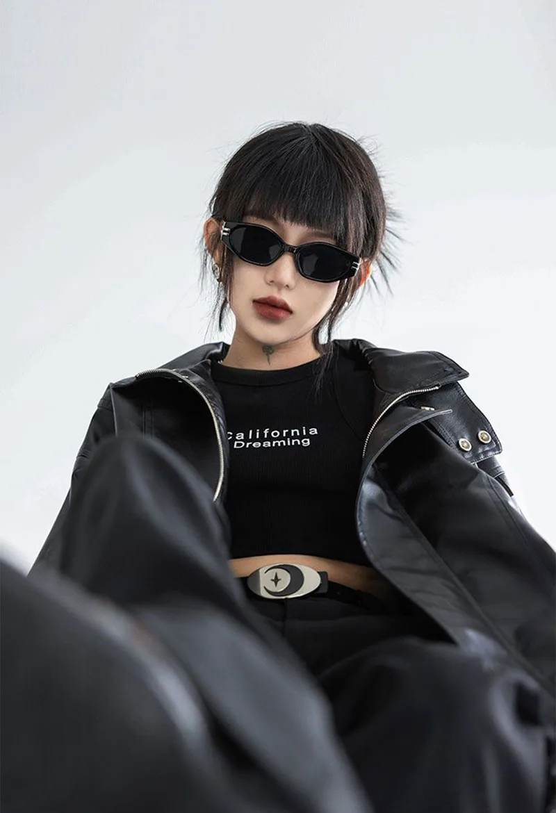 Harajuku Pu Jacket Women Turtleneck Fashion Faux Leather Long Sleeve Coat Heavy Metal Black Y2K Outerwear Female Tops