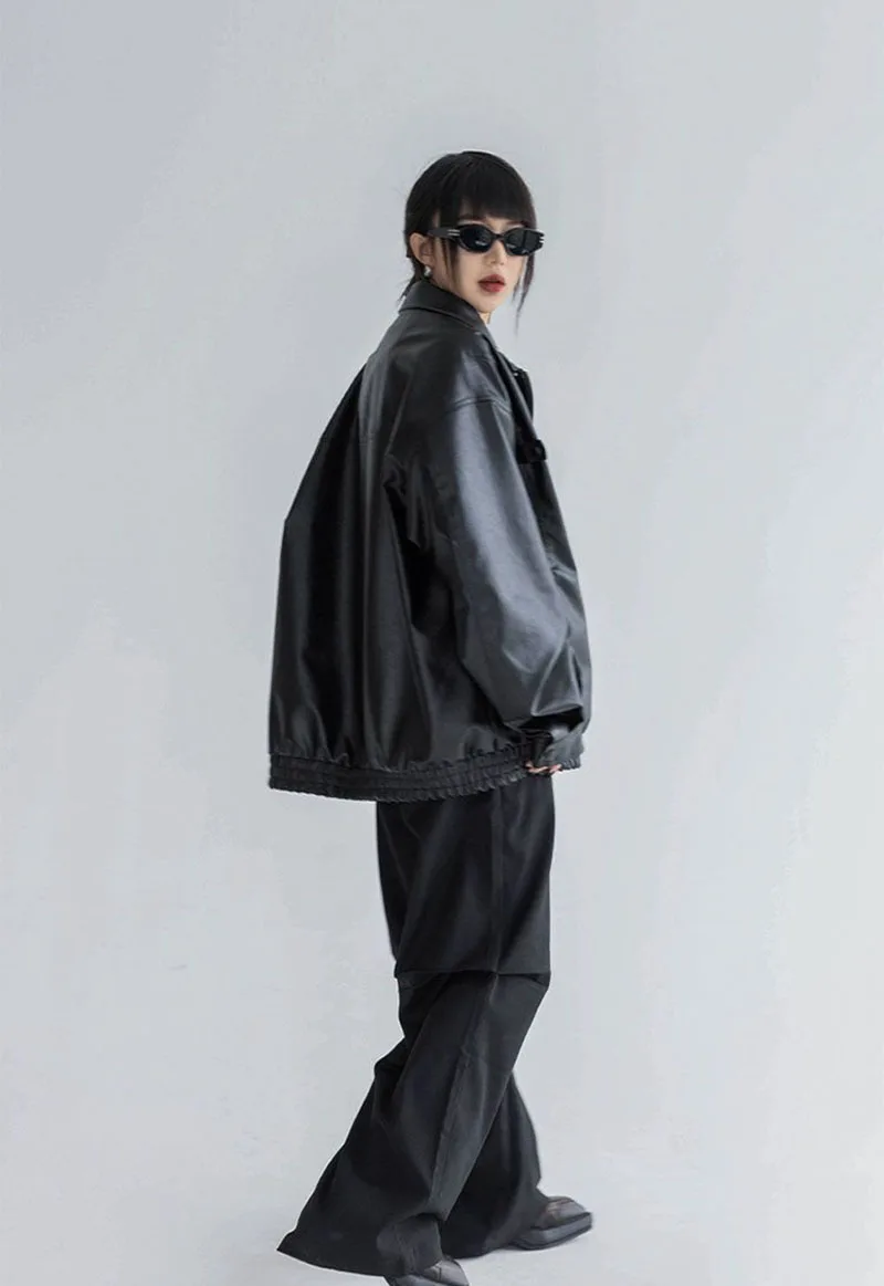 Harajuku Pu Jacket Women Turtleneck Fashion Faux Leather Long Sleeve Coat Heavy Metal Black Y2K Outerwear Female Tops