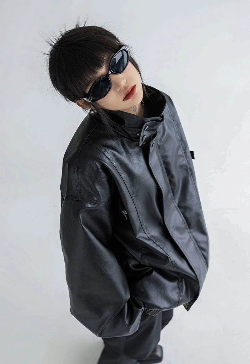 Harajuku Pu Jacket Women Turtleneck Fashion Faux Leather Long Sleeve Coat Heavy Metal Black Y2K Outerwear Female Tops