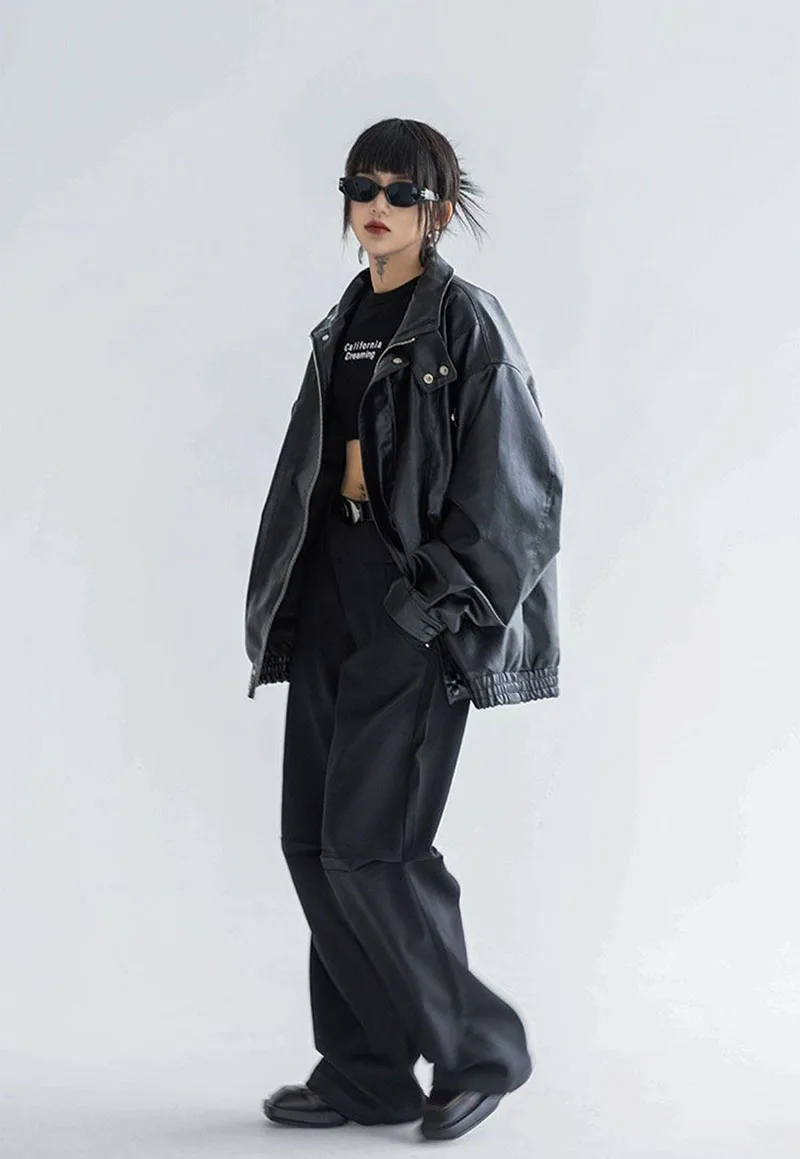 Harajuku Pu Jacket Women Turtleneck Fashion Faux Leather Long Sleeve Coat Heavy Metal Black Y2K Outerwear Female Tops