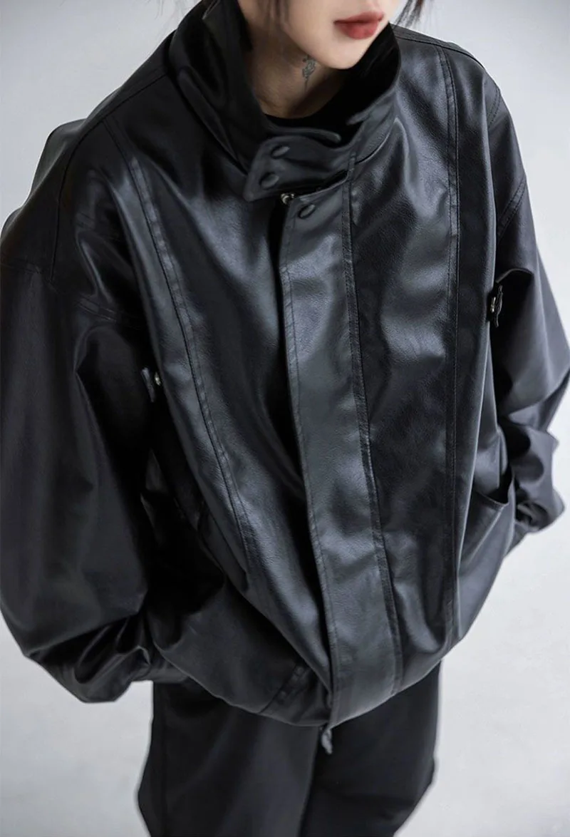 Harajuku Pu Jacket Women Turtleneck Fashion Faux Leather Long Sleeve Coat Heavy Metal Black Y2K Outerwear Female Tops
