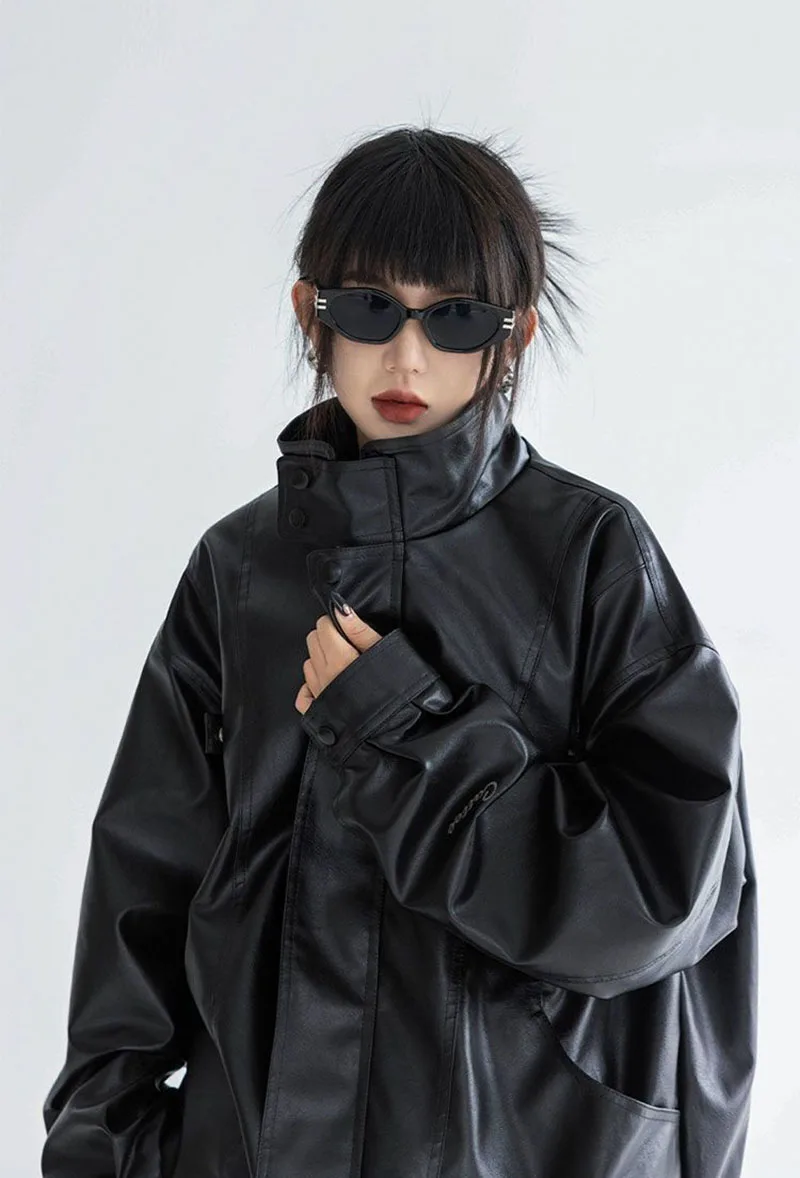 Harajuku Pu Jacket Women Turtleneck Fashion Faux Leather Long Sleeve Coat Heavy Metal Black Y2K Outerwear Female Tops