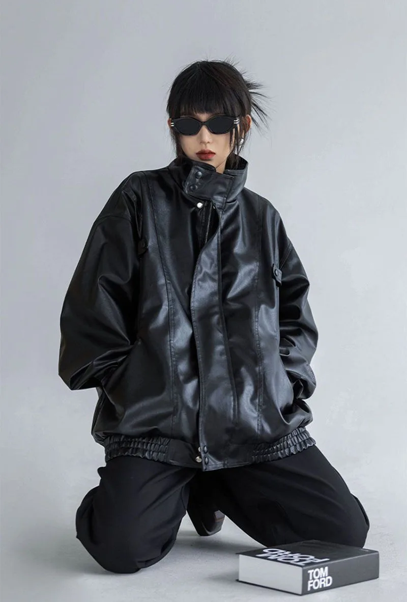 Harajuku Pu Jacket Women Turtleneck Fashion Faux Leather Long Sleeve Coat Heavy Metal Black Y2K Outerwear Female Tops