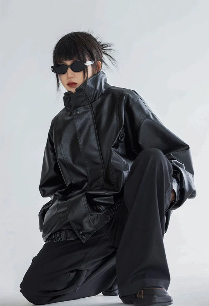 Harajuku Pu Jacket Women Turtleneck Fashion Faux Leather Long Sleeve Coat Heavy Metal Black Y2K Outerwear Female Tops
