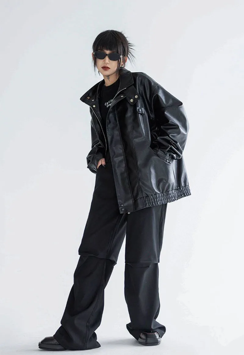 Harajuku Pu Jacket Women Turtleneck Fashion Faux Leather Long Sleeve Coat Heavy Metal Black Y2K Outerwear Female Tops