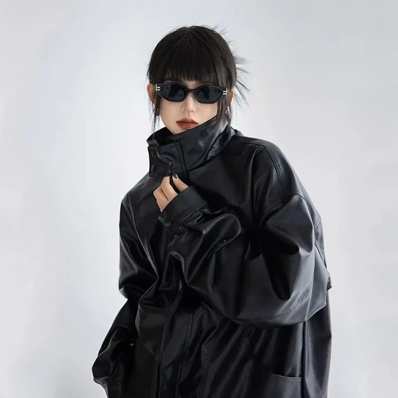 Harajuku Pu Jacket Women Turtleneck Fashion Faux Leather Long Sleeve Coat Heavy Metal Black Y2K Outerwear Female Tops