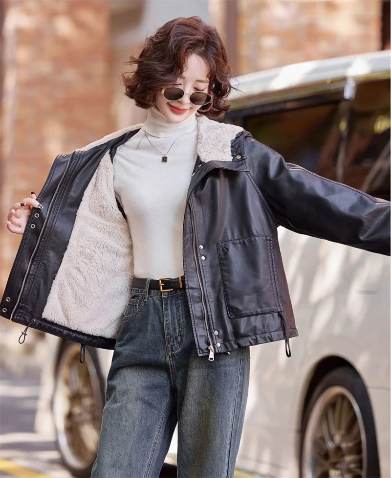 2026 Winter Leather Jacket Women Add-velvet Thicken Warm Coats Loose Hooded Short Jackets Streetwear Windproof Leather Outerwear