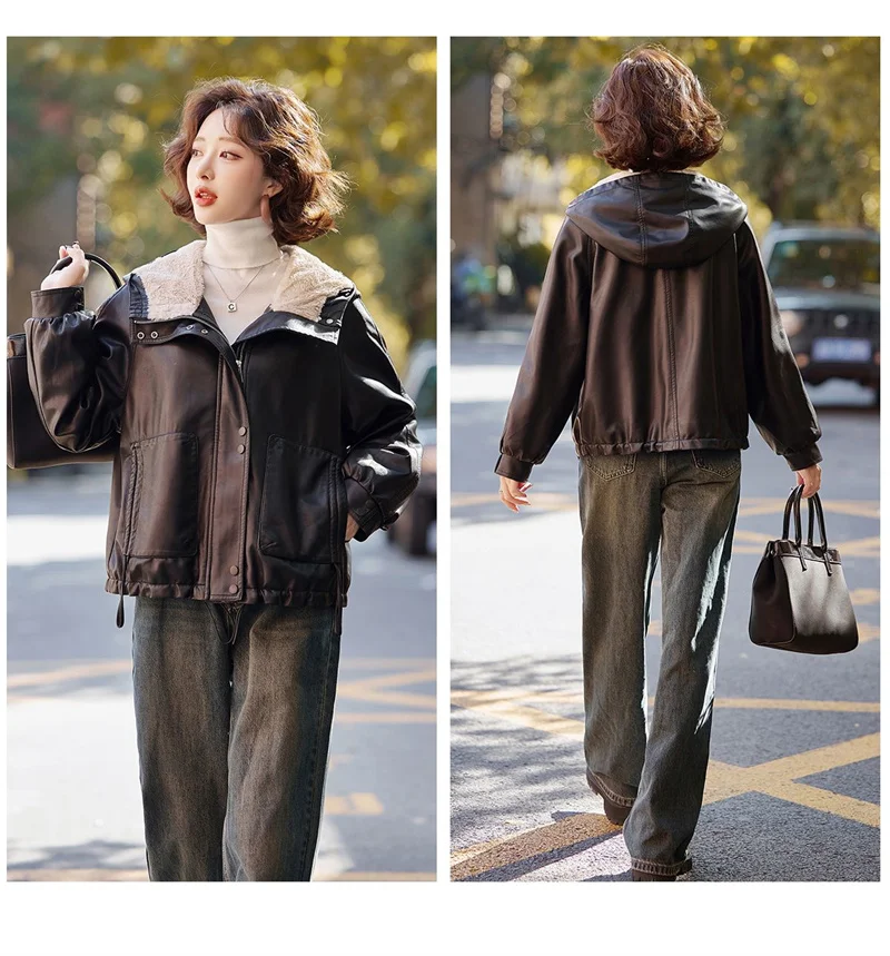 2026 Winter Leather Jacket Women Add-velvet Thicken Warm Coats Loose Hooded Short Jackets Streetwear Windproof Leather Outerwear