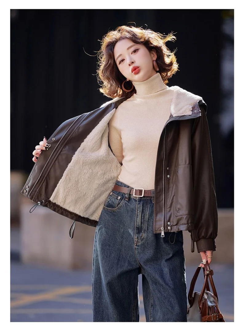 2026 Winter Leather Jacket Women Add-velvet Thicken Warm Coats Loose Hooded Short Jackets Streetwear Windproof Leather Outerwear