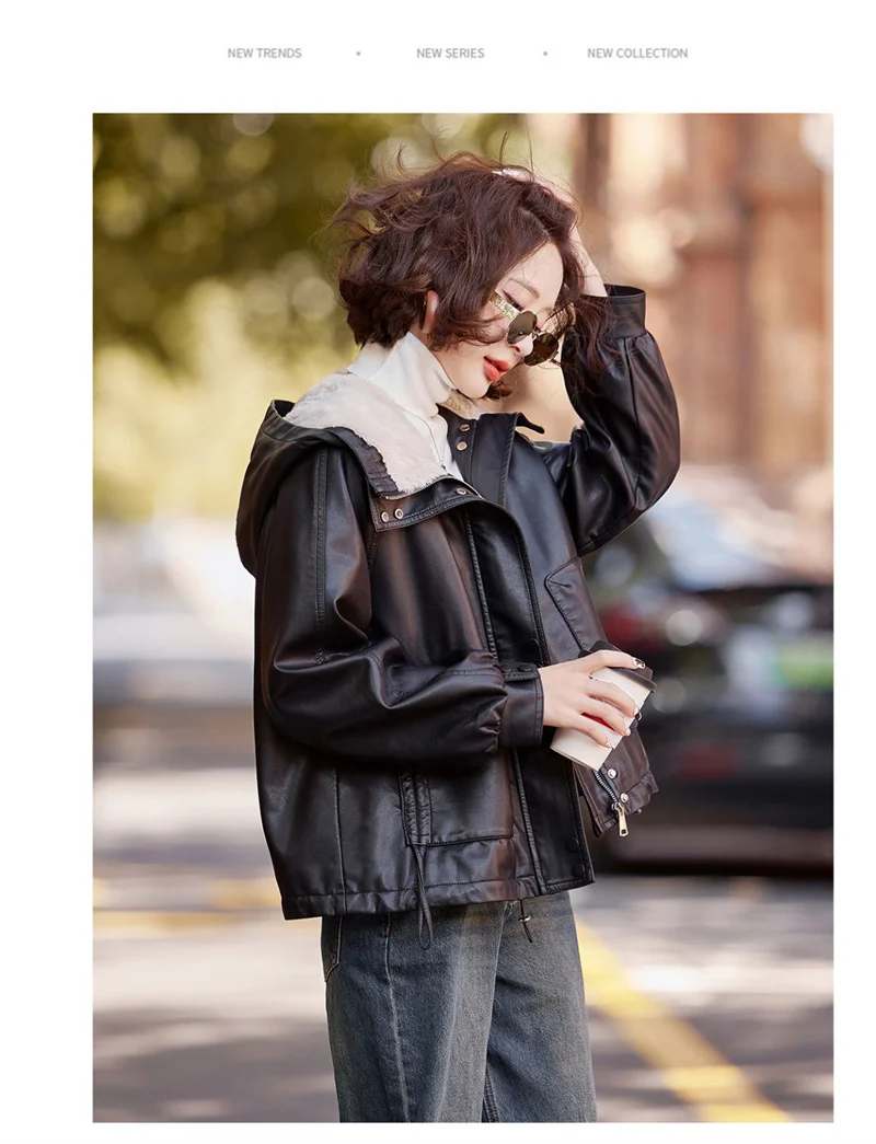 2026 Winter Leather Jacket Women Add-velvet Thicken Warm Coats Loose Hooded Short Jackets Streetwear Windproof Leather Outerwear