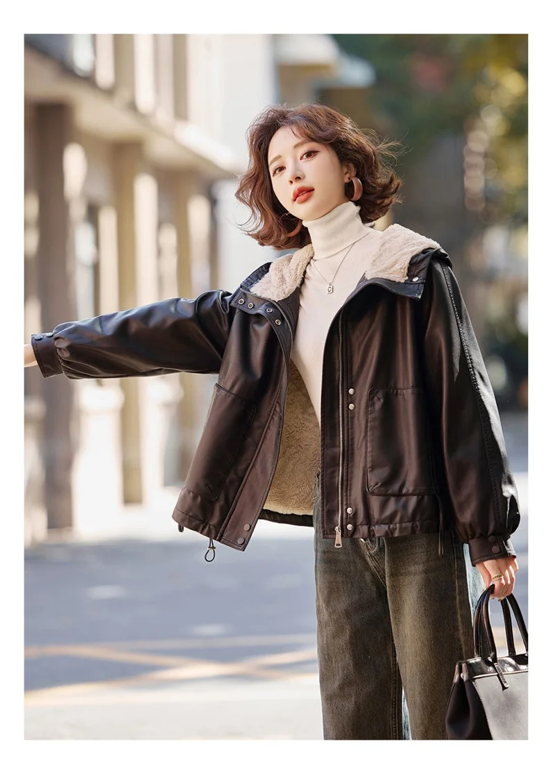 2026 Winter Leather Jacket Women Add-velvet Thicken Warm Coats Loose Hooded Short Jackets Streetwear Windproof Leather Outerwear