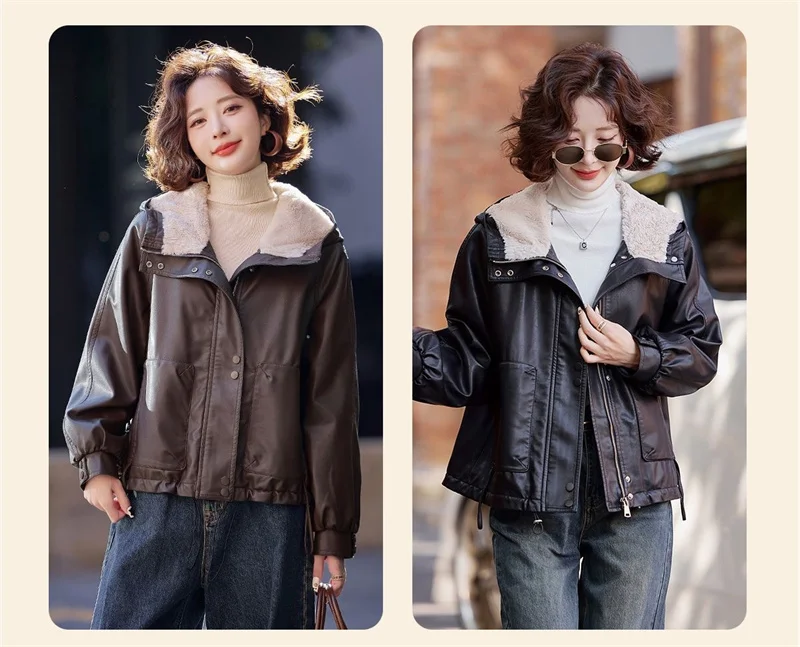 2026 Winter Leather Jacket Women Add-velvet Thicken Warm Coats Loose Hooded Short Jackets Streetwear Windproof Leather Outerwear