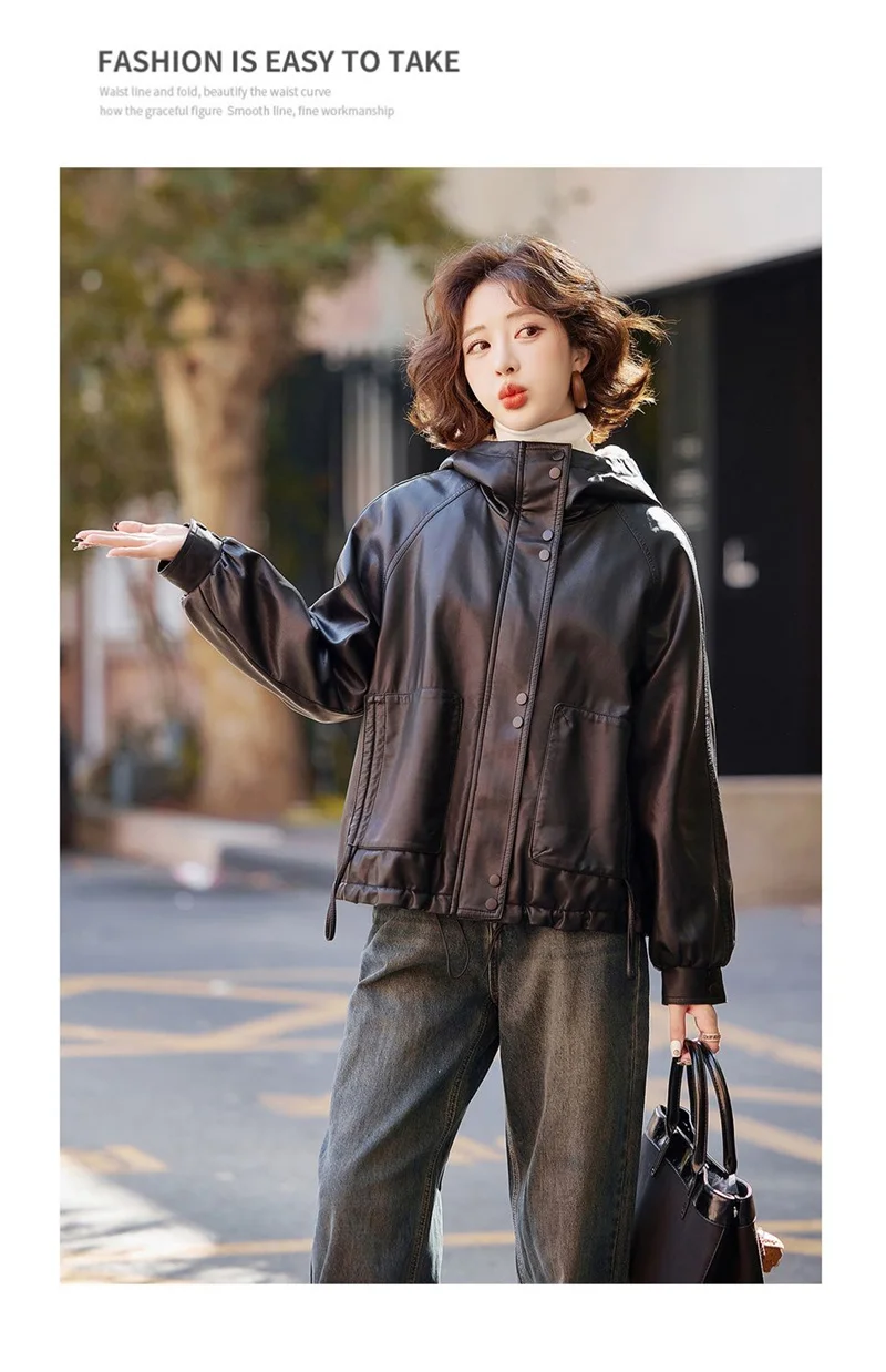 2026 Winter Leather Jacket Women Add-velvet Thicken Warm Coats Loose Hooded Short Jackets Streetwear Windproof Leather Outerwear