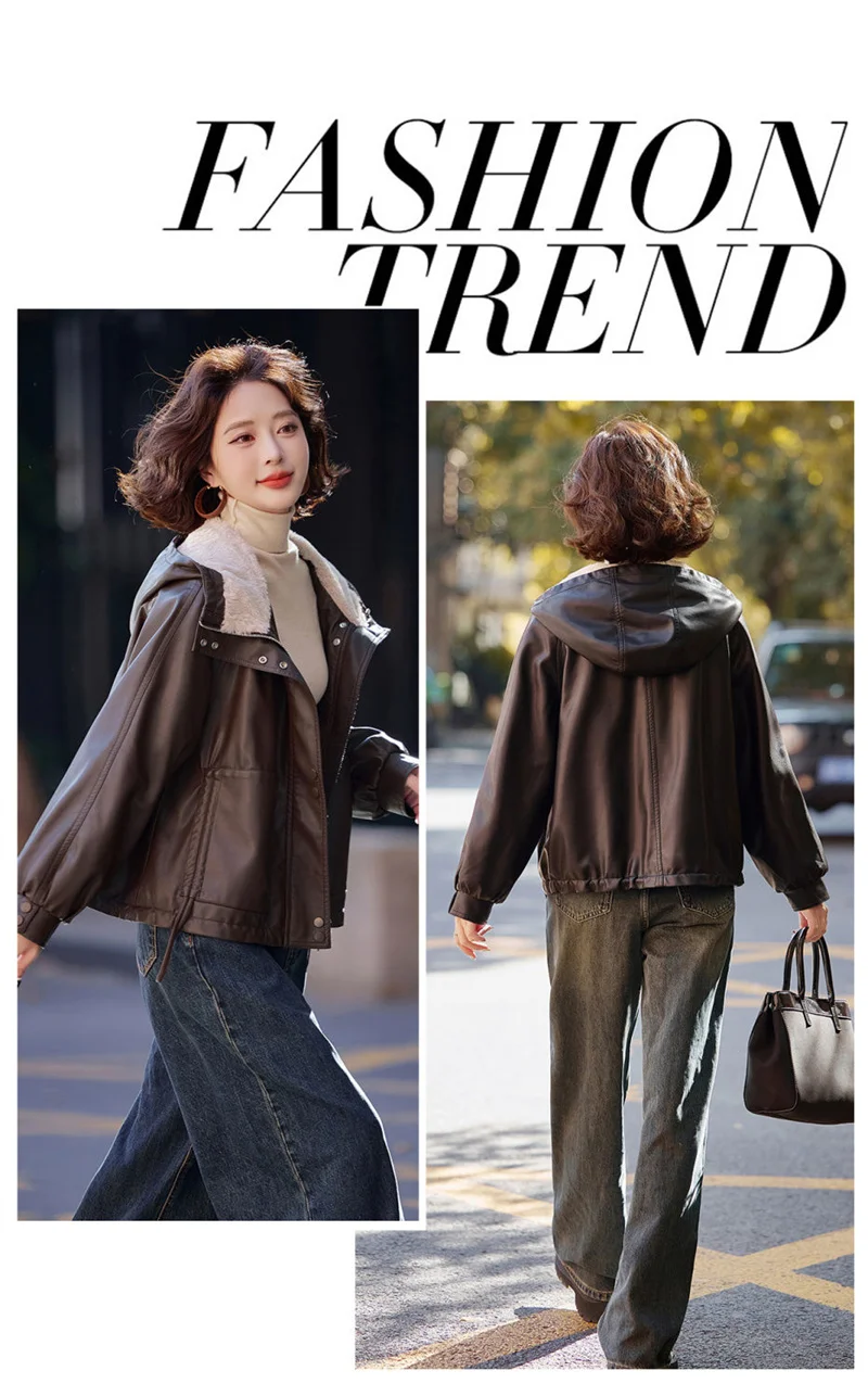 2026 Winter Leather Jacket Women Add-velvet Thicken Warm Coats Loose Hooded Short Jackets Streetwear Windproof Leather Outerwear