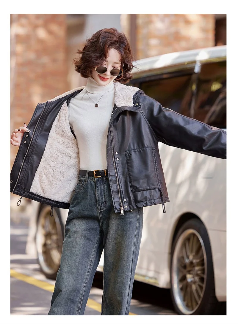 2026 Winter Leather Jacket Women Add-velvet Thicken Warm Coats Loose Hooded Short Jackets Streetwear Windproof Leather Outerwear