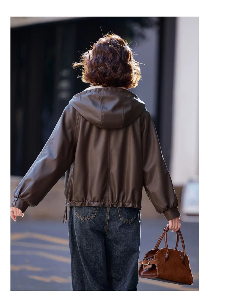 2026 Winter Leather Jacket Women Add-velvet Thicken Warm Coats Loose Hooded Short Jackets Streetwear Windproof Leather Outerwear