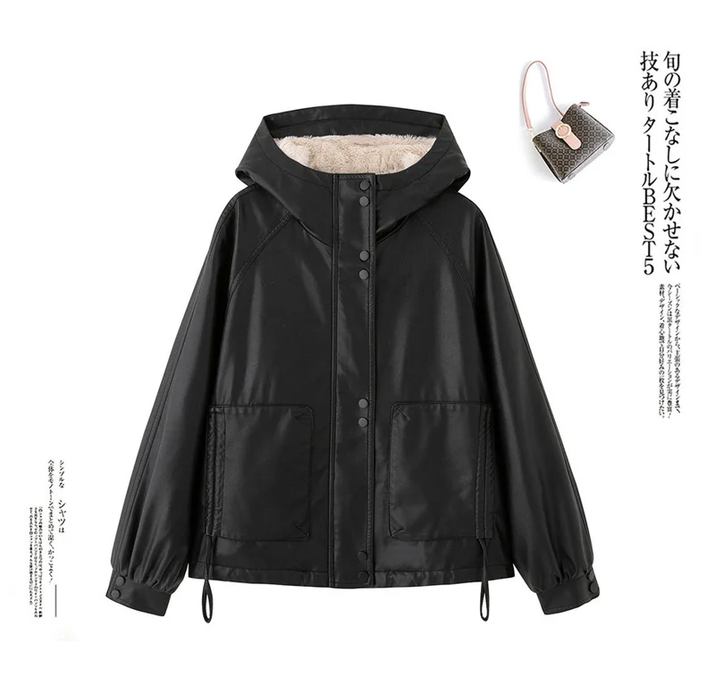 2026 Winter Leather Jacket Women Add-velvet Thicken Warm Coats Loose Hooded Short Jackets Streetwear Windproof Leather Outerwear
