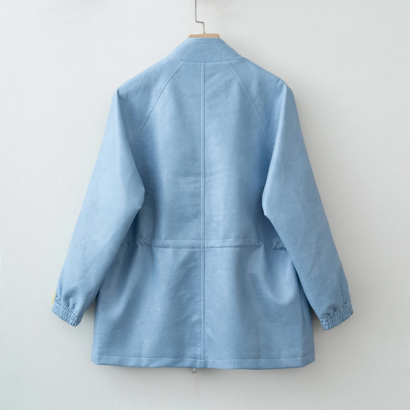 Women's Elegant Casual Zipper Office Coat 2026 New Spring Pu Leather Stand Neck Jacket Chic High End Adjustable Waist Streetwear