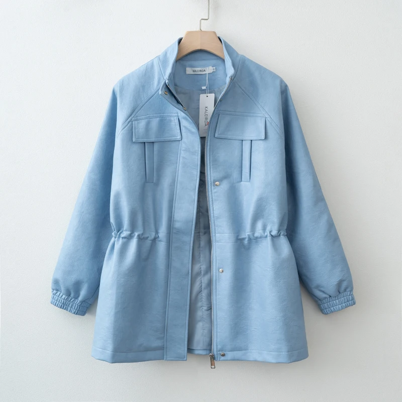 Women's Elegant Casual Zipper Office Coat 2026 New Spring Pu Leather Stand Neck Jacket Chic High End Adjustable Waist Streetwear