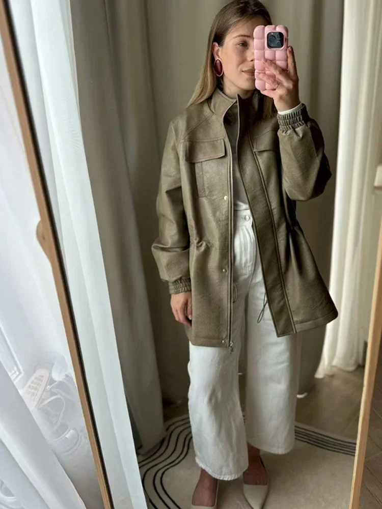 Women's Elegant Casual Zipper Office Coat 2026 New Spring Pu Leather Stand Neck Jacket Chic High End Adjustable Waist Streetwear